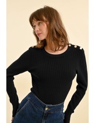 Cable-knit sweater, buttoned shoulder tab