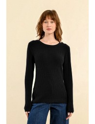 Cable-knit sweater, buttoned shoulder tab