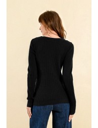 Cable-knit sweater, buttoned shoulder tab