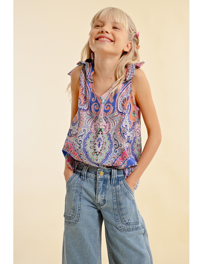 Top with tieable straps, printed