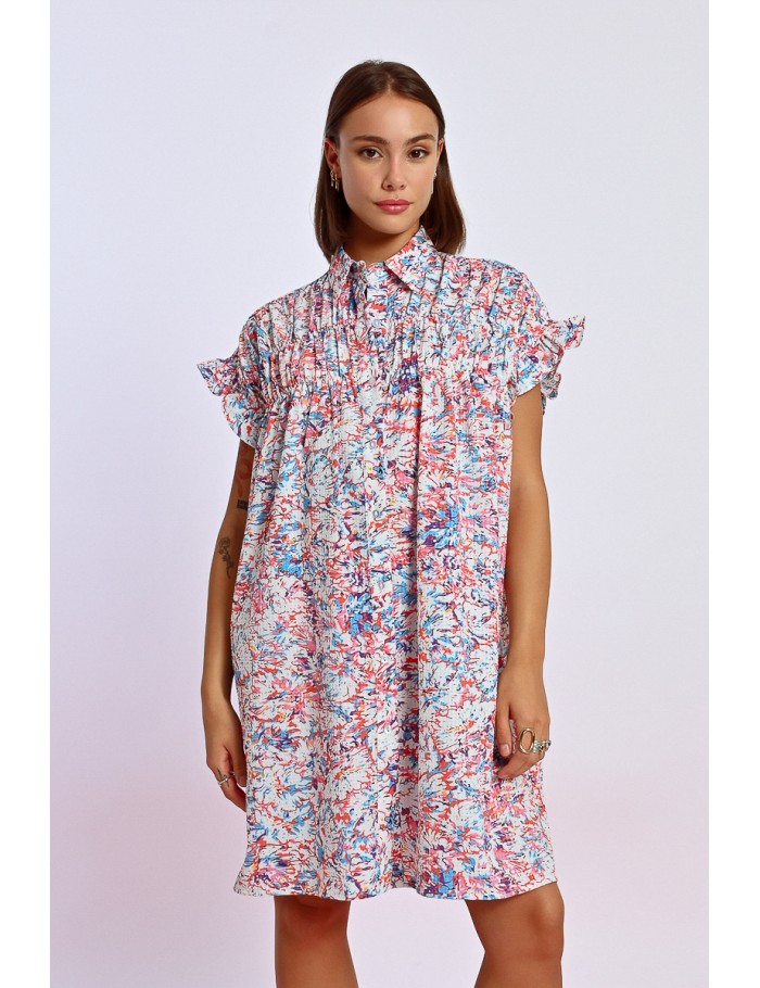 Printed and gathered shirt dress