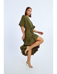 Vestido largo de manga corta con lazada y volantes