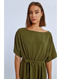 Vestido largo de manga corta con lazada y volantes