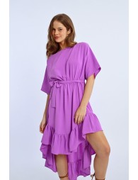 Vestido largo de manga corta con lazada y volantes