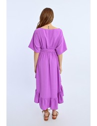 Vestido largo de manga corta con lazada y volantes