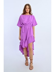 Vestido largo de manga corta con lazada y volantes