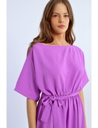 Vestido largo de manga corta con lazada y volantes