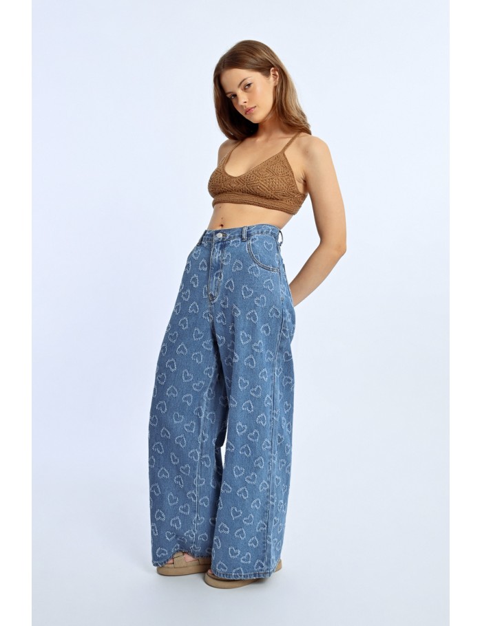 Wide-leg pants with heart pattern