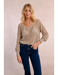 Openwork and iridescent knit sweater