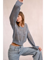 Openwork and iridescent knit sweater