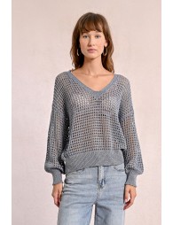 Openwork and iridescent knit sweater