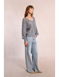 Openwork and iridescent knit sweater