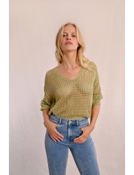 Openwork and iridescent knit sweater