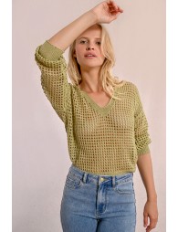 Openwork and iridescent knit sweater