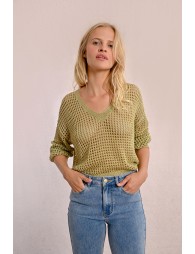 Openwork and iridescent knit sweater