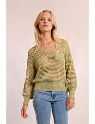 Openwork and iridescent knit sweater