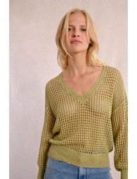 Openwork and iridescent knit sweater