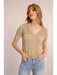 V-neck knit sweater, short sleeves