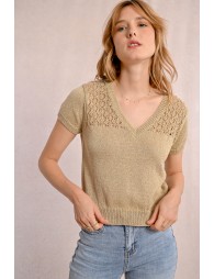 V-neck knit sweater, short sleeves