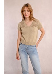 V-neck knit sweater, short sleeves