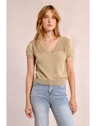 V-neck knit sweater, short sleeves