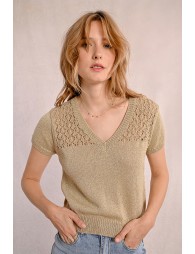 V-neck knit sweater, short sleeves