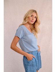 V-neck knit sweater, short sleeves