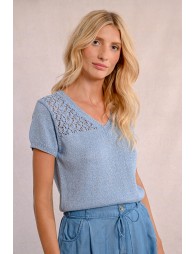 V-neck knit sweater, short sleeves