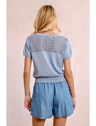 V-neck knit sweater, short sleeves