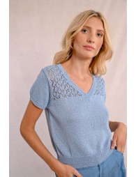 V-neck knit sweater, short sleeves