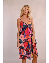 Vestido midi de tirantes con estampado y volantes