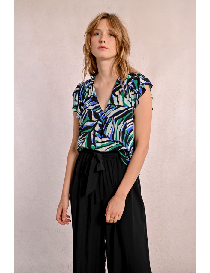 Top with ruffled sleeves, printed