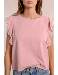 Camiseta de manga corta mariposa con encaje