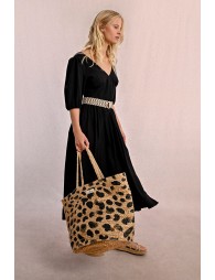 Straw tote bag, leopard pattern