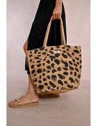 Straw tote bag, leopard pattern