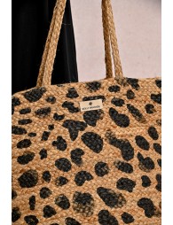 Straw tote bag, leopard pattern