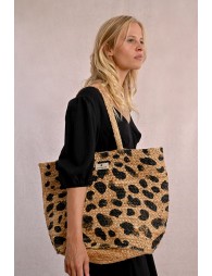 Straw tote bag, leopard pattern