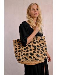 Straw tote bag, leopard pattern