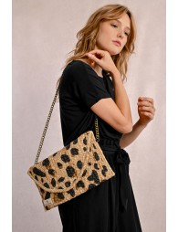 Leopard-print straw clip clutch