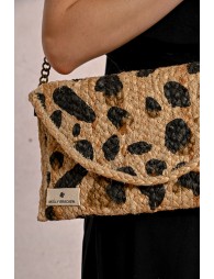 Leopard-print straw clip clutch