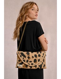 Leopard-print straw clip clutch